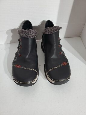 Rieker 45983 Angela Black Ankle Boots Zip Up Gray Leopard Cuff